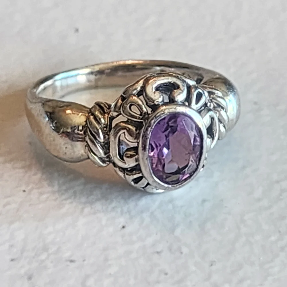 Sterling Silver 925 Ring Size 7 with Purple Gemstone Ornate Fine Jewelry Invest - Picture 4 of 5